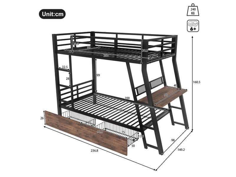  Lits superposés enfant 90x200 cm, led, table, tiroirs, garde-corps, sommiers, métal noir, sans matelas  - Conforama C
