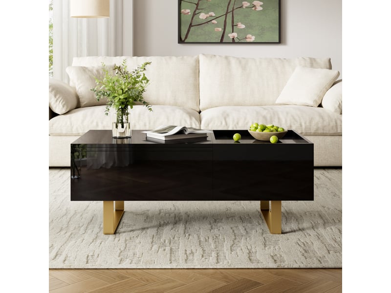  Table basse réglable en hauteur, table basse de rangement en mdf finition brillante, table basse avec tiroir et pieds en fer, table de salon moderne  - Conforama B