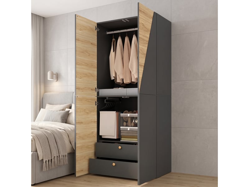  Armoire 90 x 50 x 200 cm, 1 tringle à vêtements, porte-pantalons, coffre de rangement, 2 tiroirs, portes battantes Bliss Lite - Conforama E