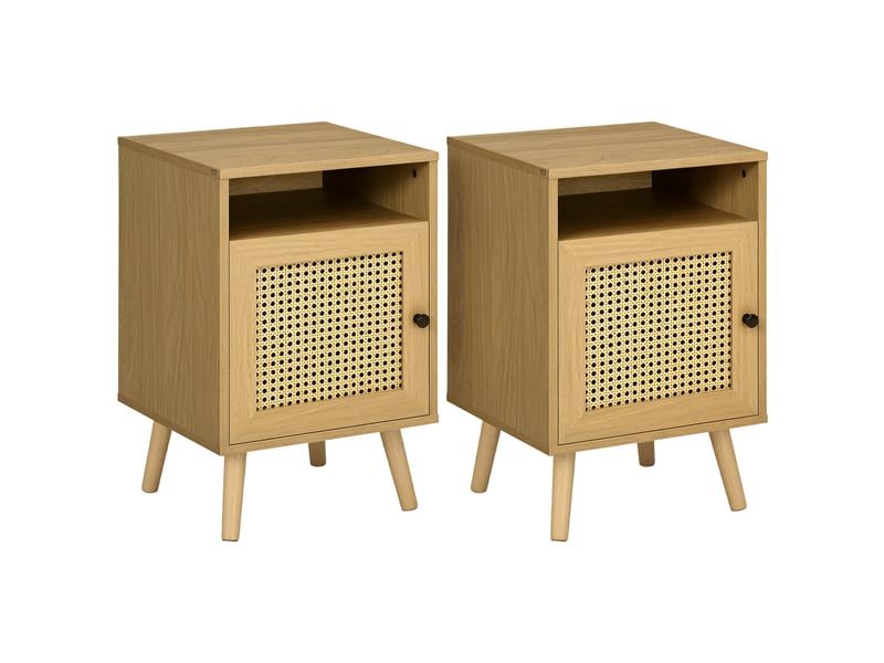  Ensemble de 2 tables de chevet style cannage avec porte et compartiment ouvert, dimensions : 39 x 35 x 60 cm, couleur naturelle  - Conforama A