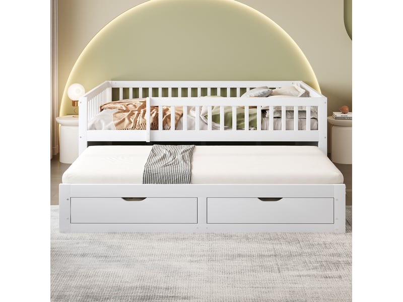  Couchage gigogne, 140x200 cm, avec garde corps intégral, 2 tiroirs pratiques, matelas non inclus, bois, coloris blanc  - Conforama D