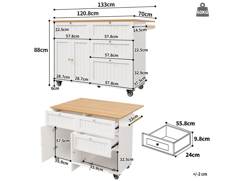  Desserte de cuisine 133 x 70 x 88 cm blanche en mdf, rangement mobile avec plateau rabattable scandinave  - Conforama C