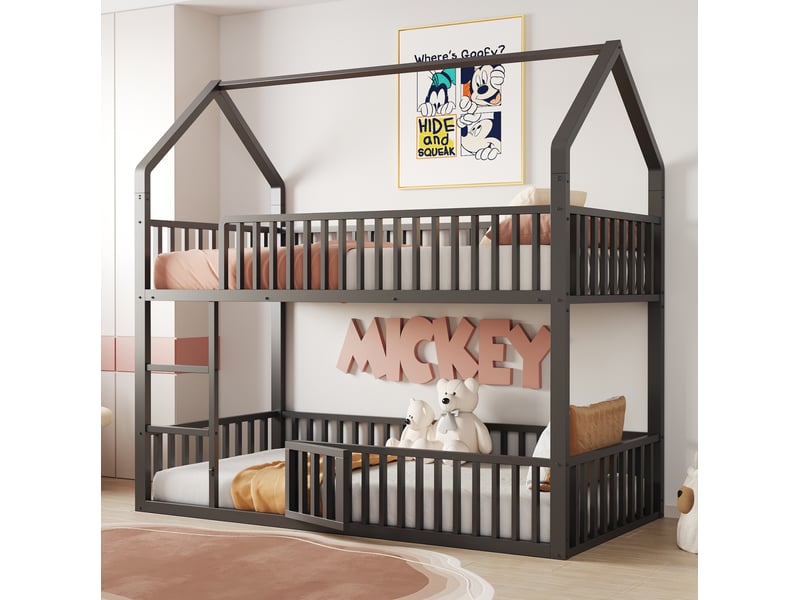 Lit superposé 90x200 cm en métal avec échelle et porte, coloris noir - Conforama D