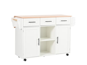 Desserte de cuisine 139x46 cm blanche avec plateau pliant, rangement et roulettes