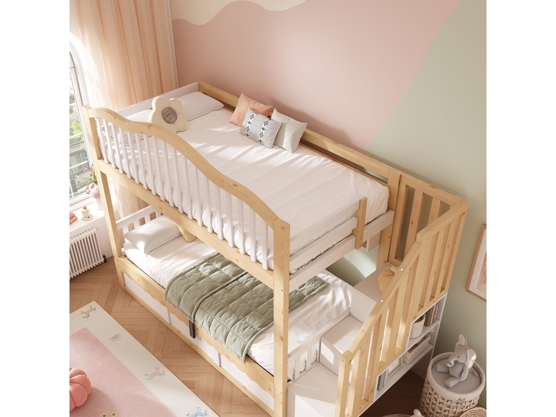  Lit superposé enfant 90 x 200 cm avec rangement hydraulique, escalier sécurisé, étagère et garde-corps, certifié en 747-1:2024, bois, chêne et blanc OMNIGLINT TRADING LTD - Conforama E