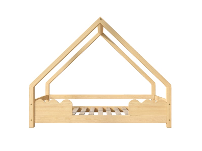 Lit maison enfant, 90×200 cm, avec protection anti-chute, bois massif, naturel - Conforama A