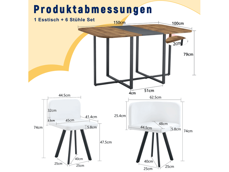  Ensemble table et 6 chaises extensible 150 x 100 cm, mdf et métal noir, style industriel pour repas conviviaux  - Conforama C