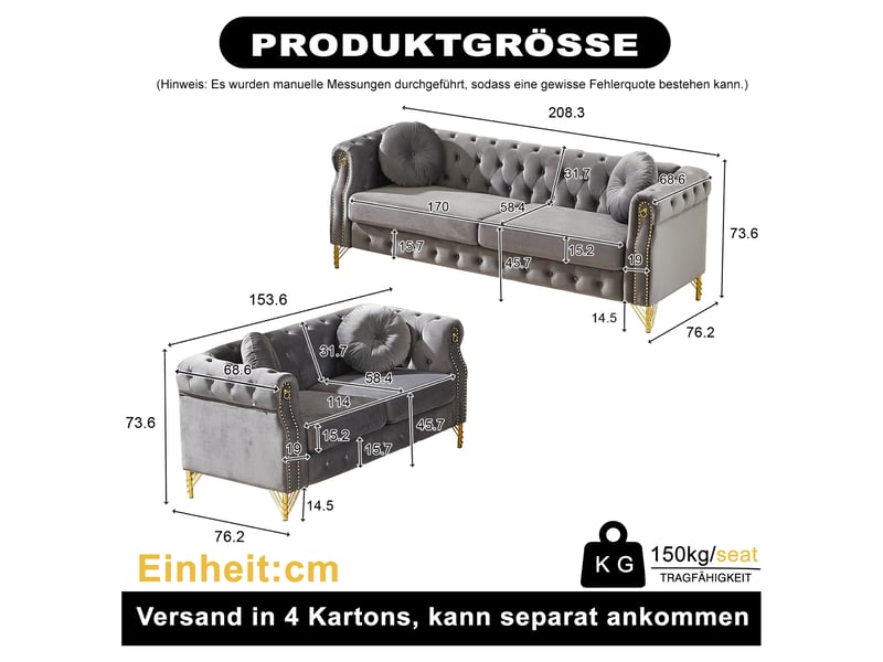  Canapé chesterfield gris en velours, 208,3 x 229,8 x 73,6 cm, pieds en métal, boutons capitonnés, clous dorés  - Conforama C