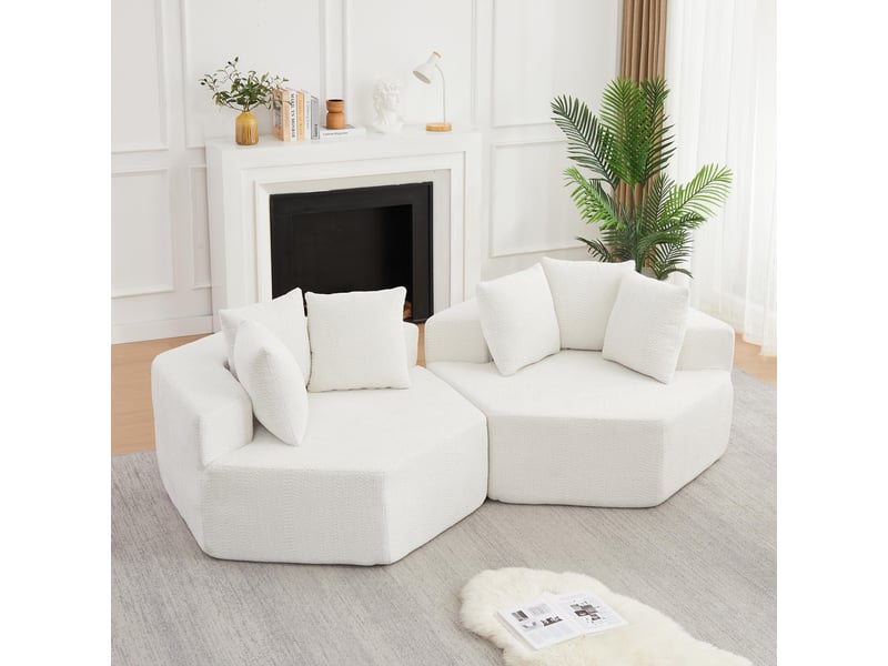  Fauteuil simple - 122x138x76cm -  modulables en chenille bouclée avec 6 coussins &amp; ressorts ensachés - blanc  - Conforama B