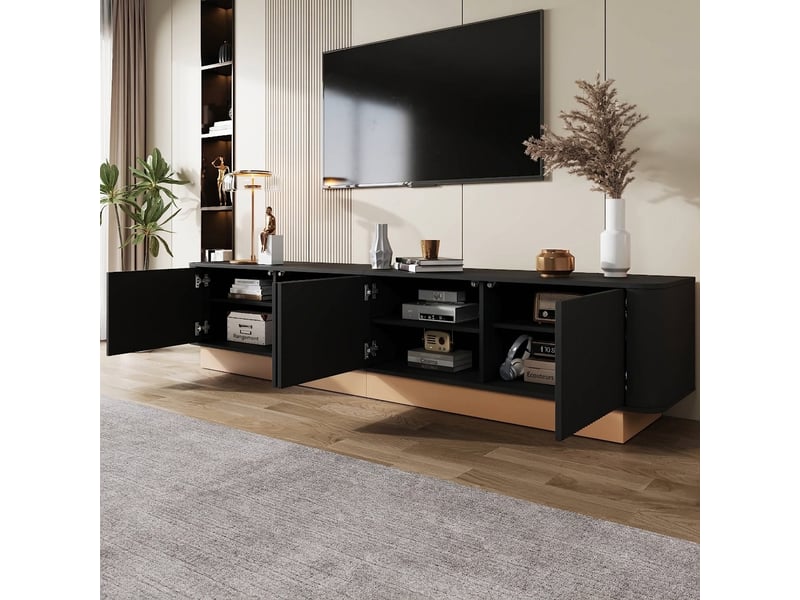  Meuble tv noir 200 cm avec 4 portes nervurées, étagères réglables et coins arrondis  - Conforama B