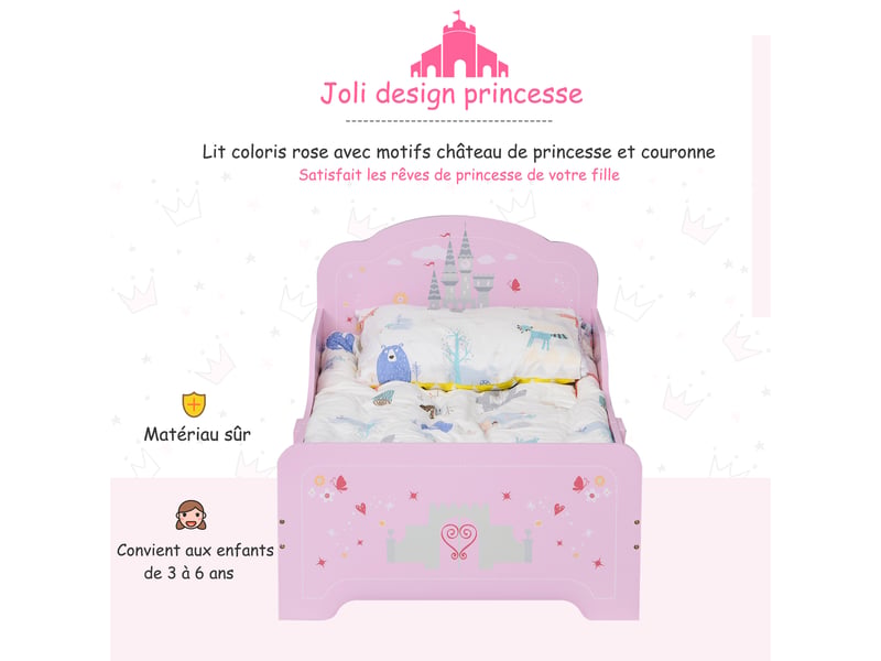  Lit enfant 140 x 70 cm - lit d'enfant design princesse motif château - mdf contre-plaqué rose - sommier à lattes inclus  - Conforama A