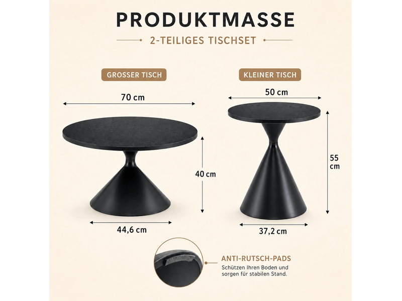  Table basse fixe et table d'appoint rondes, lot de 2 avec plateaux effet bois noir et piètements en acier pour salon  - Conforama C