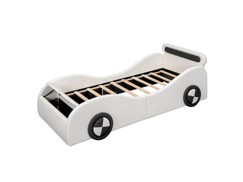  Lit enfant voiture rembourré 90x200 cm avec roues lumineuses blanc  - Conforama A