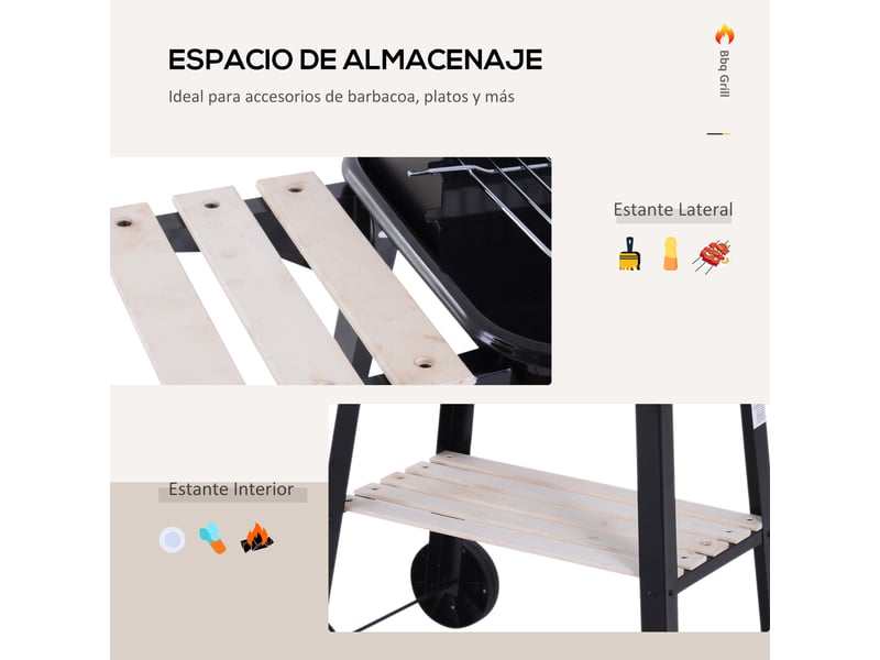  Barbecue à charbon pour extérieur, grille réglable, étagères et 2 roues, 83 x 46 x 87 cm  - Conforama W