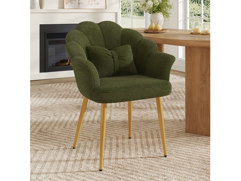  Fauteuil 1 place en tissu teddy vert avec dossier pétale et pieds dorés  - Conforama B