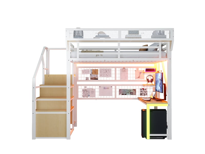 Modenvie lit mezzanine 140x200 cm - avec bureau intégré, étagères de rangement, éclairage led - sans matelas - blanc - Conforama A