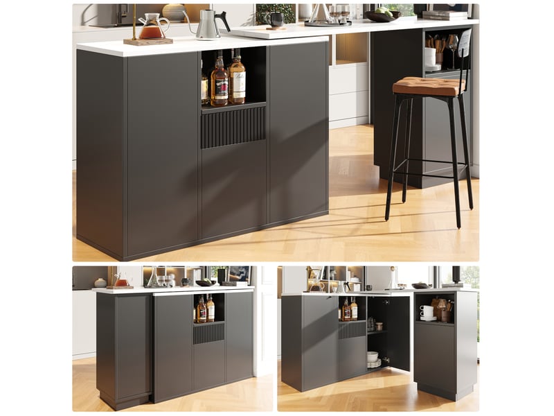  Bar 360° rotatif îlot l210x30x100,9 cm plateau l140x30x100,9 cm design l modulable grand rangement marbre mdf noir  - Conforama D