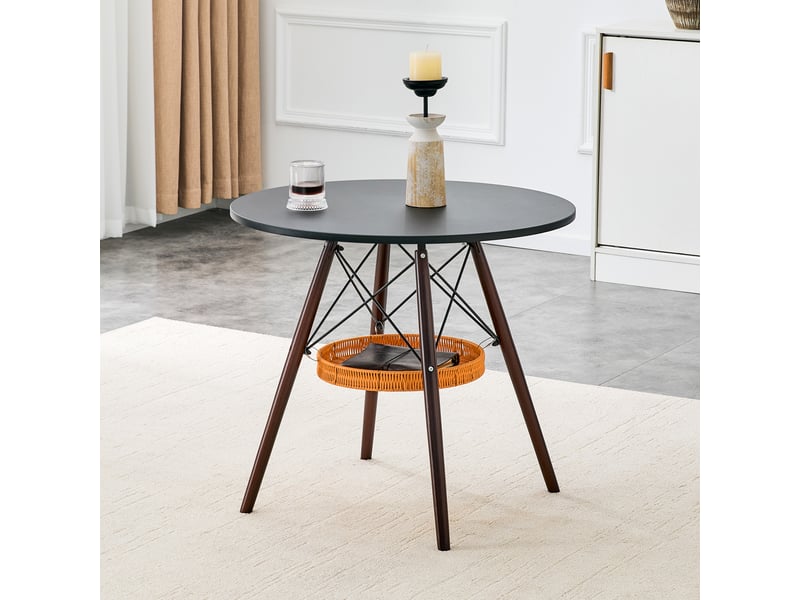  Table à manger ronde 2 à 4 places avec panier suspendu - lpospi - mdf noir, bois massif noyer, ø 80 cm  - Conforama B