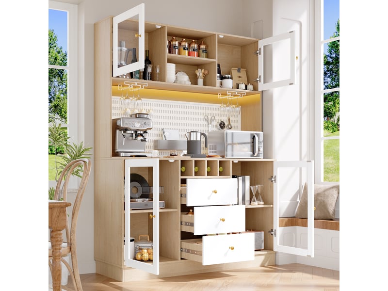  Armoire de cuisine, rangement bouteilles et verres, avec éclairage led, coloris blanc, pour salon, design moderne, pour intérieur  - Conforama D