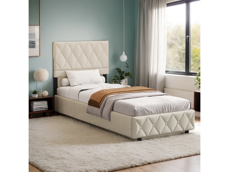  Lit rembourré, lit simple 90 x 200 cm en velours avec lattes en bois et cadre en métal, sans matelas, beige  - Conforama C