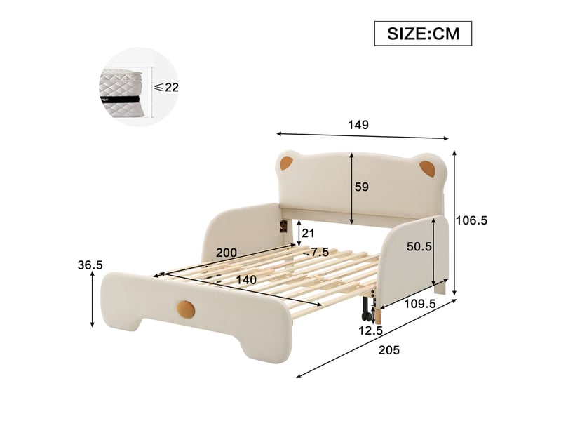  Lit enfant extensible en forme d’ours 140x200 cm avec lattes en bois, beige  - Conforama C
