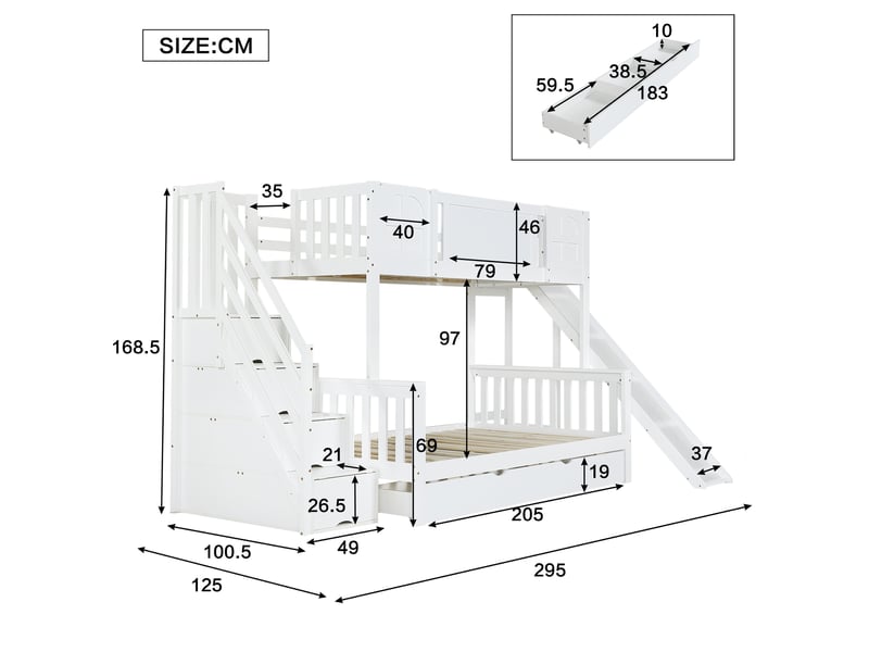 Lit superposé 90x200+140x200cm avec tiroirs, toboggan, barrière et sommiers, pin+mdf, blanc, sans matelas - Conforama D