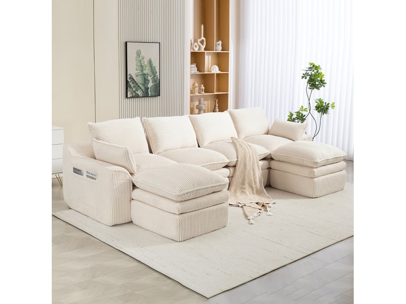  Canapé modulable ulevr 4 places avec 2 poufs, poches latérales et coussins, velours côtelé beige, 335 x 167 x 85 cm  - Conforama E