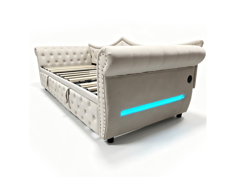  Canapé-lit extensible 90 x 200 à 180 x 200 cm avec led et usb, lit banquette en velours beige avec clous décoratifs pour 1 à 2 personnes  - Conforama E