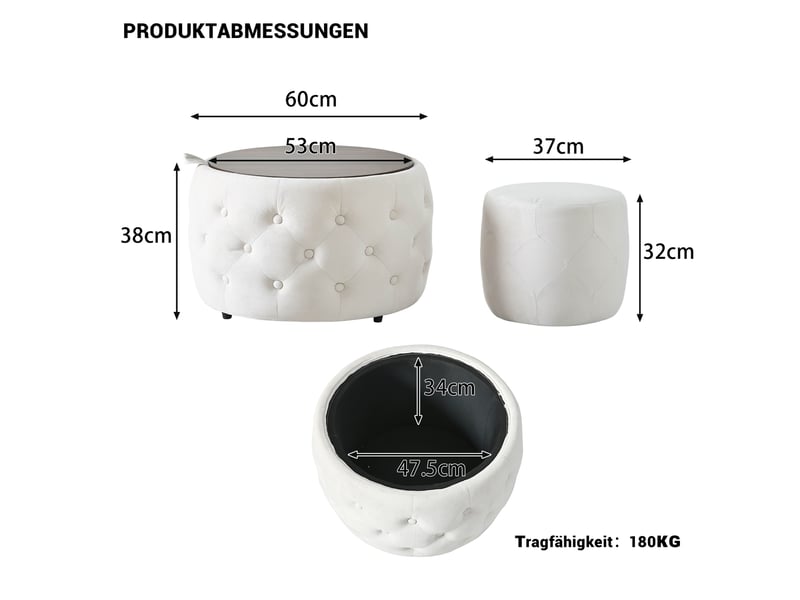  Lot de 2 poufs ronds gigognes 60x38 cm + 37x32 cm, rangement intégré, plateau amovible, sans montage, velours et bois, beige  - Conforama C