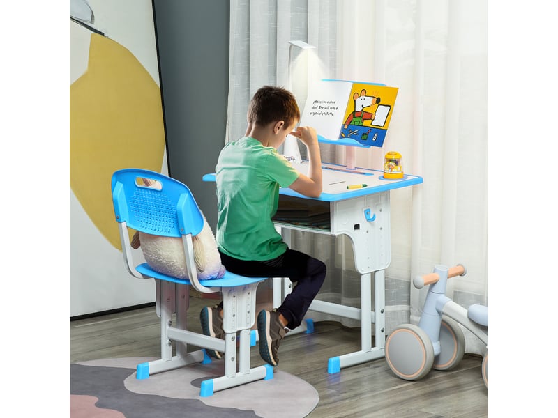  Bureau d'écolier avec chaise réglable en hauteur et lampe intégrée pour enfants de 6 à 12 ans, acier et mdf, gris  - Conforama B