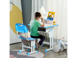 Bureau d'écolier avec chaise réglable en hauteur et lampe intégrée pour enfants de 6 à 12 ans, acier et mdf, gris