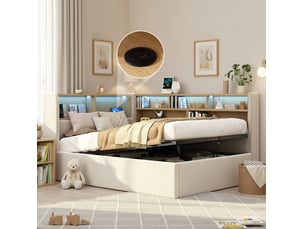 Lit banquette 90x200 cm avec coffre hydraulique led et ports usb coloris beige