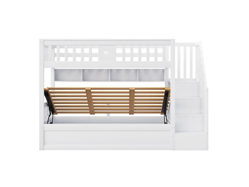  Lit superposé enfant 90x200 cm – blanc – rangement hydraulique, escalier et étagères – sans matelas  - Conforama D