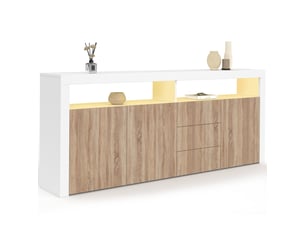 Buffet 180 cm elight xxl 3 portes et 3 tiroirs avec led et niches blanc et bois façon hêtre