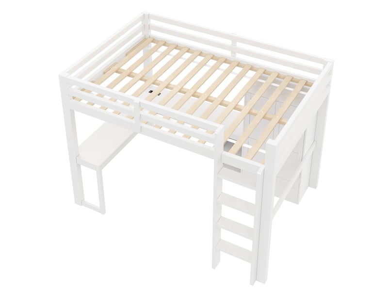  Lit mezzanine 90 x 200 cm avec bureau, armoire, étagères, éclairage led et port usb, lit multifonction gain de place, blanc evarich - Conforama D