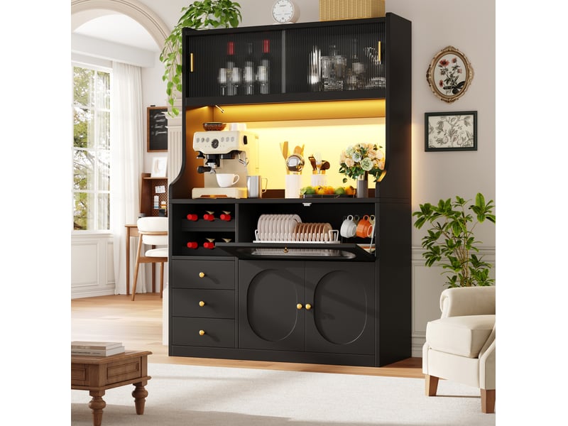  Buffet haut de cuisine 120 cm avec led rgb, portes vitrées coulissantes, casier à bouteilles, 3 tiroirs, noir  - Conforama B