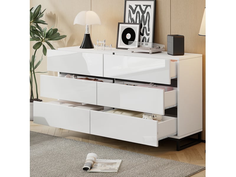  Commode bas 6 tiroirs 140 x 39,5 x 78,5 cm rangement optimal pieds métal symétrie 60kg panneau particules blanc et noir  - Conforama B