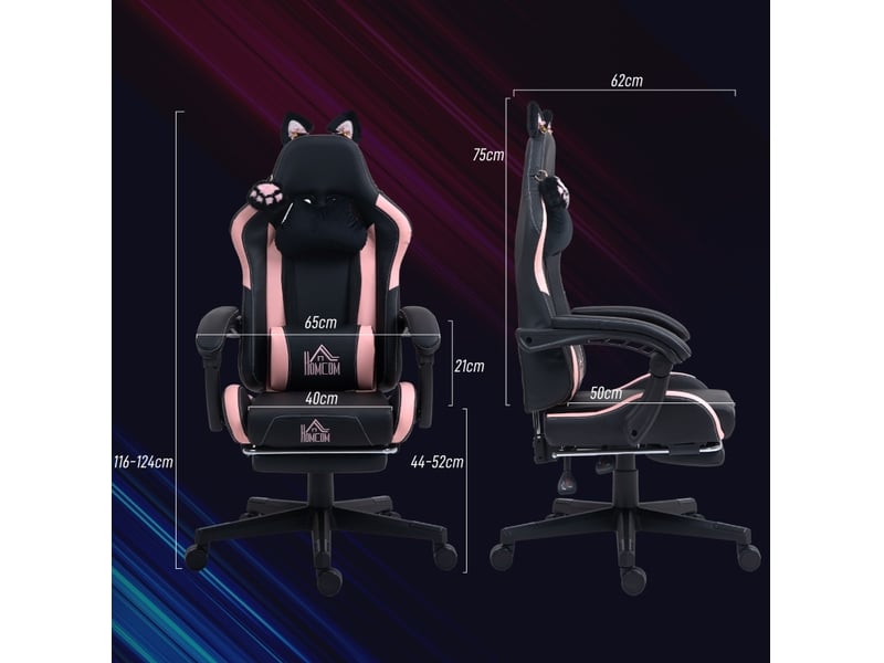  Fauteuil gaming à oreilles de chat rose et noir, dossier inclinable 135° et repose-pieds extensible, jusqu'à 120 kg  - Conforama C