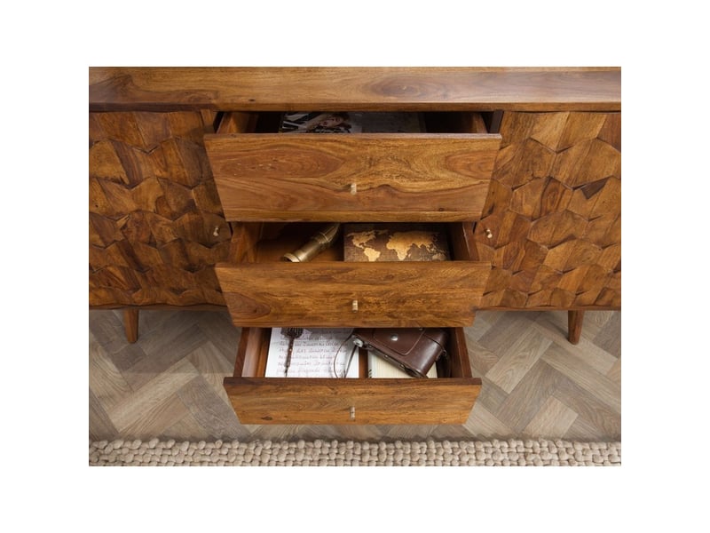  Buffet scani 145 cm en bois massif de sheesham verni – 2 portes sculptées et 3 tiroirs  - Conforama E