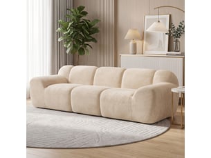 Canapé design arrondi 3 places larges accoudoirs tissu chenille beige