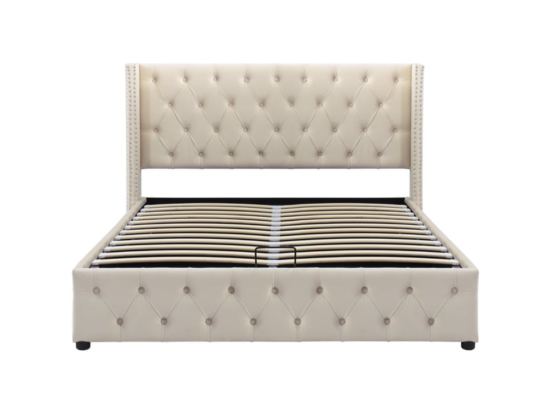 Lit double 140x190 en velours beige, lit coffre avec fonction hydraulique et sommier à lattes, style chesterfield avec double rangée de rivets - Conforama A