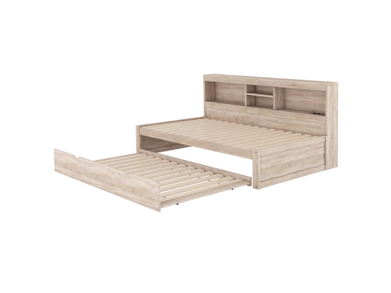  Lit gigogne 90x200 cm, avec rangement latéral et led, en bois, naturel, sans matelas  - Conforama E