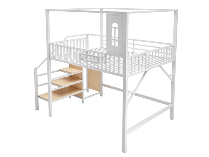  Lit mezzanine 140 x 200 cm en métal, structure toit, échelle avec rangement et penderie, espace inférieur polyvalent evarich - Conforama D
