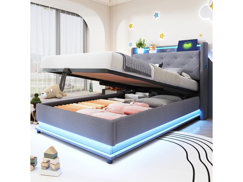  Lit coffre simple 90x200 cm - led multicolore et rangement intégré avec poche pour téléphone, tissu lin gris, sans matelas  - Conforama B