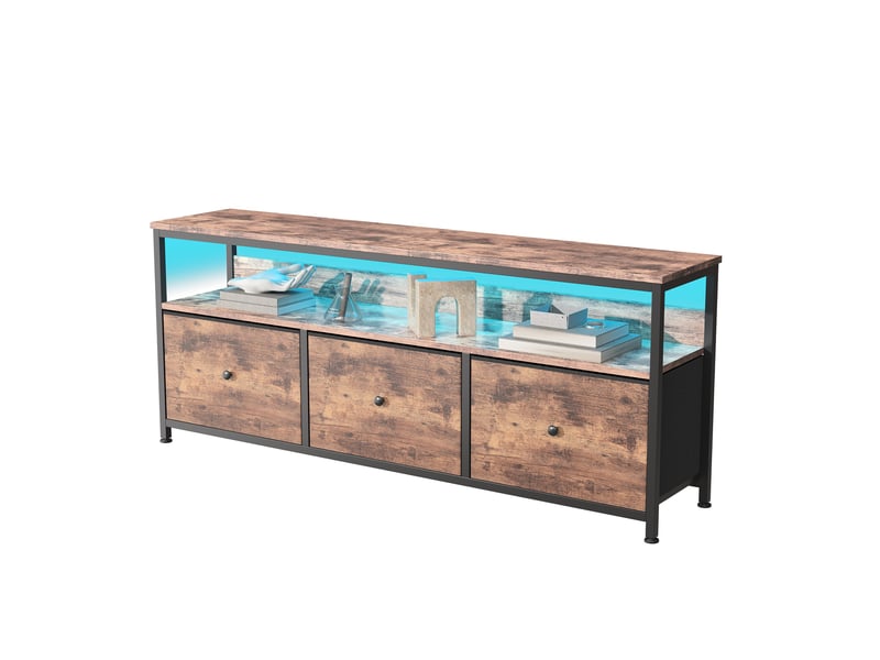  Meuble tv - 137x30x57cm - avec éclairage led, 3 tiroirs en tissu effet bois - meuble de rangement - bois rustique  - Conforama A