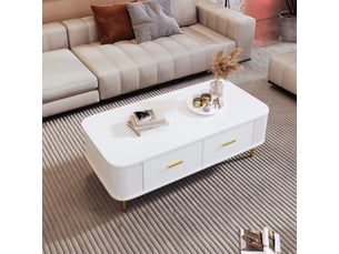 Table basse avec 4 tiroirs pour salon en mdf 105×51×38 cm blanc avec poignées et pieds dorés