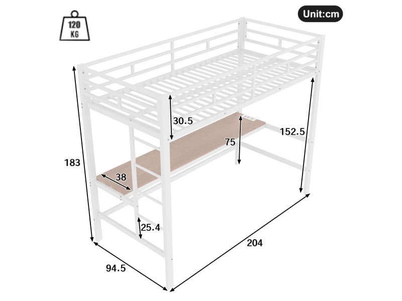 Lit mezzanine avec bureau LED, métal blanc, 90x200 cm, USB - Conforama C