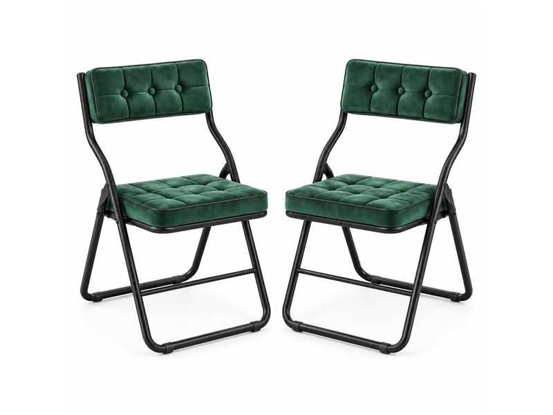 Lot de 2 chaises pliantes rembourrées 46x47x80 cm, sans montage, dossier incurvé 110°, assise en velours, structure acier renforcée, vert - Conforama A