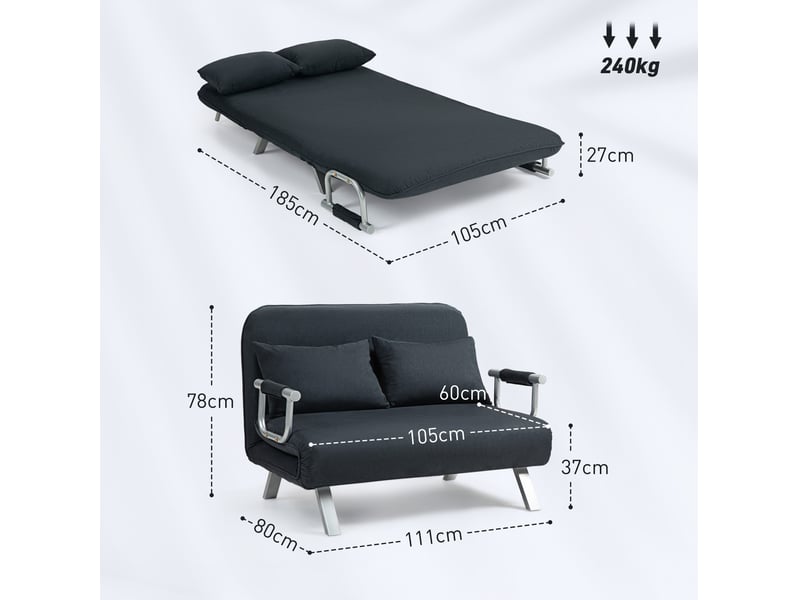  Canapé convertible 2 places avec dossier réglable 5 positions et coussins en tissu effet velours noir  - Conforama C