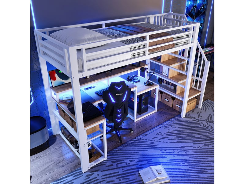  Lit mezzanine 90x200 cm avec bureau et rangements en métal blanc  - Conforama C